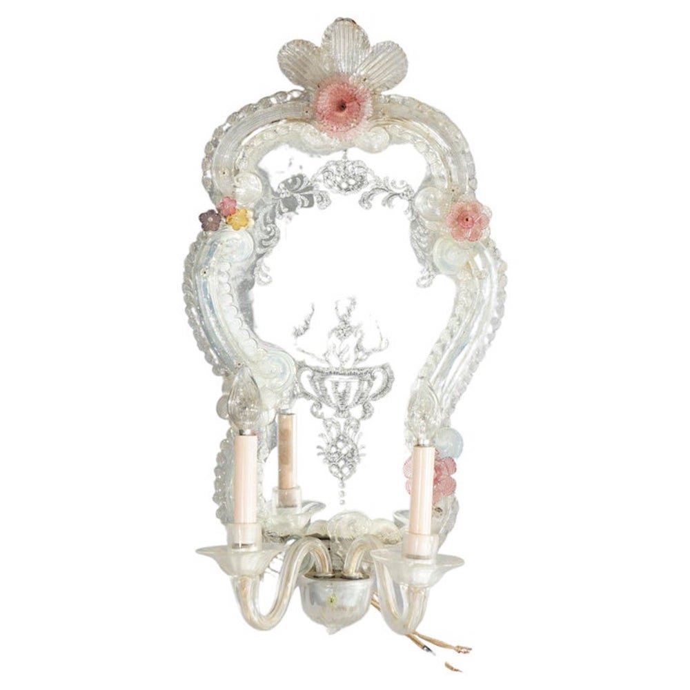 Antique Venetian Engraved Glass Mirrored Candle Wall Sconce, c1920 (1 of 10)