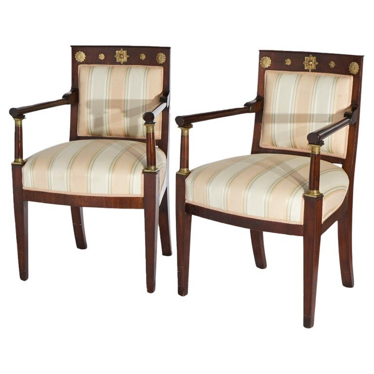 Antique Pair French Empire Mahogany Arm Chairs with Gilt Bronze Mounts, 19th C (1 of 19)