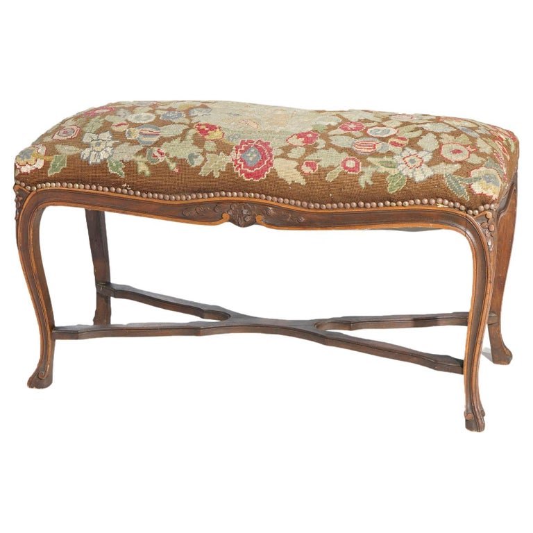Antique French Louis XV Style Carved Walnut & Tapestry Long Bench, circa 1920 (1 of 9)