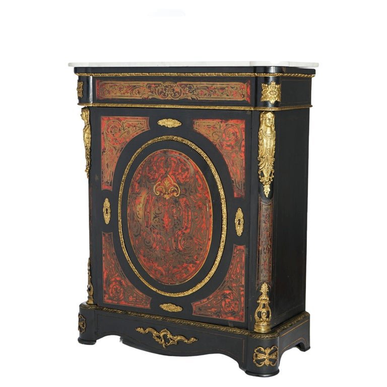 Antique French Boulle Ebonized Marble Top Credenza with Figural Ormolu, 19thC (1 of 19)
