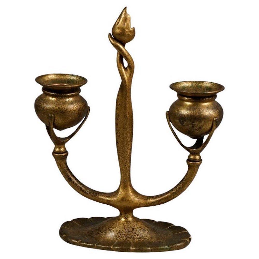 Antique Art Nouveau Tiffany Studios Dore Bronze Candle Holder, c1890 (1 of 8)