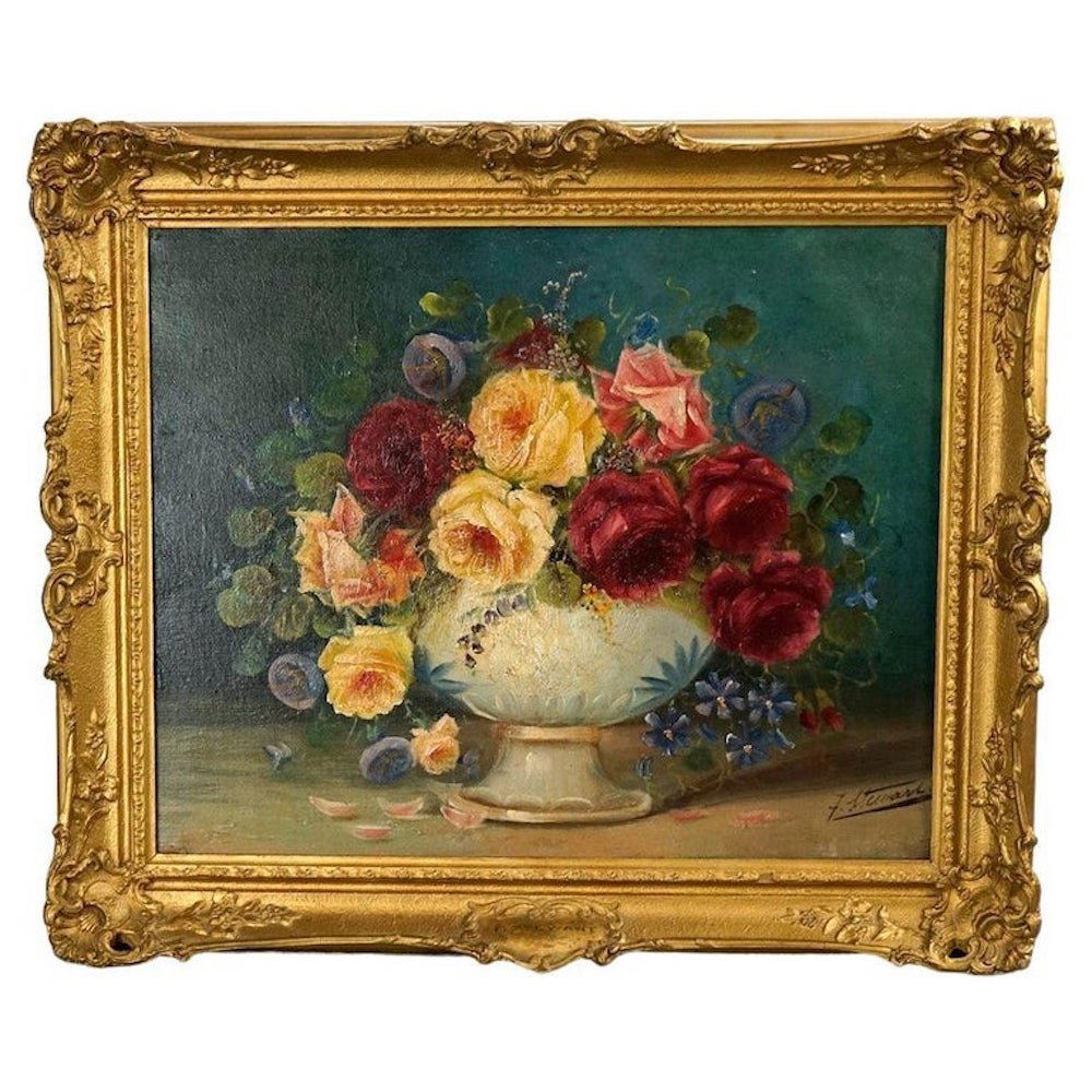 Antique Floral Still Life Painting, Urn of Roses, Signed F. Stewart c1920 (1 of 12)