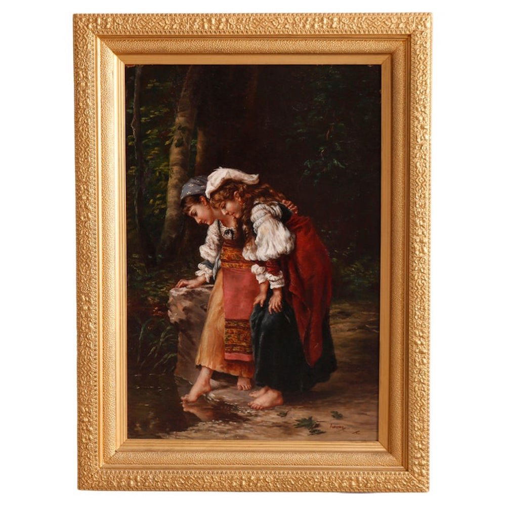 Antique Oil Painting by Aarons, Genre Scene with Two Young Girls, c1890 (1 of 12)