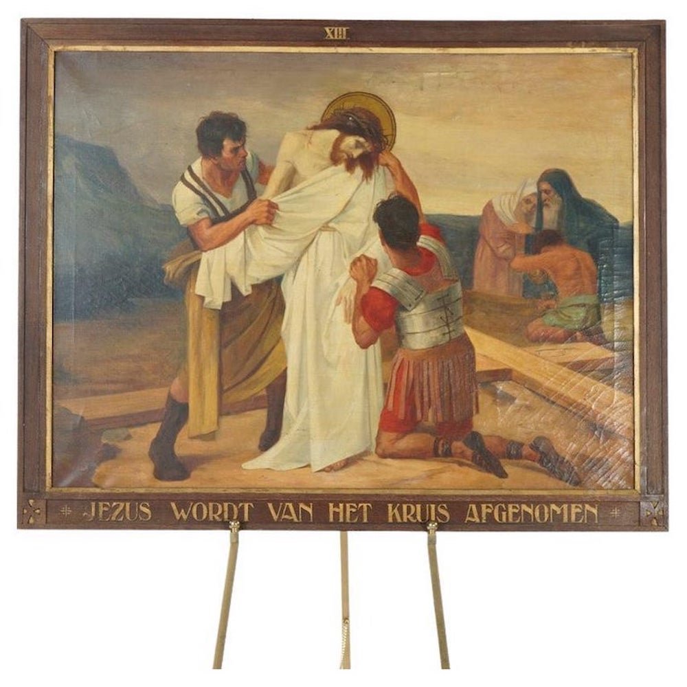 Antique Oil on Canvas Painting, Stations of the Cross, by Wynand Geraedts, 1924: An antique painting by Wynand Geraedts offers oil on canvas Stations of the Cross scene of the Division of Robes; monogrammed and dated as photographed (part of the set in Lots 6194-6200, with Lot 619
