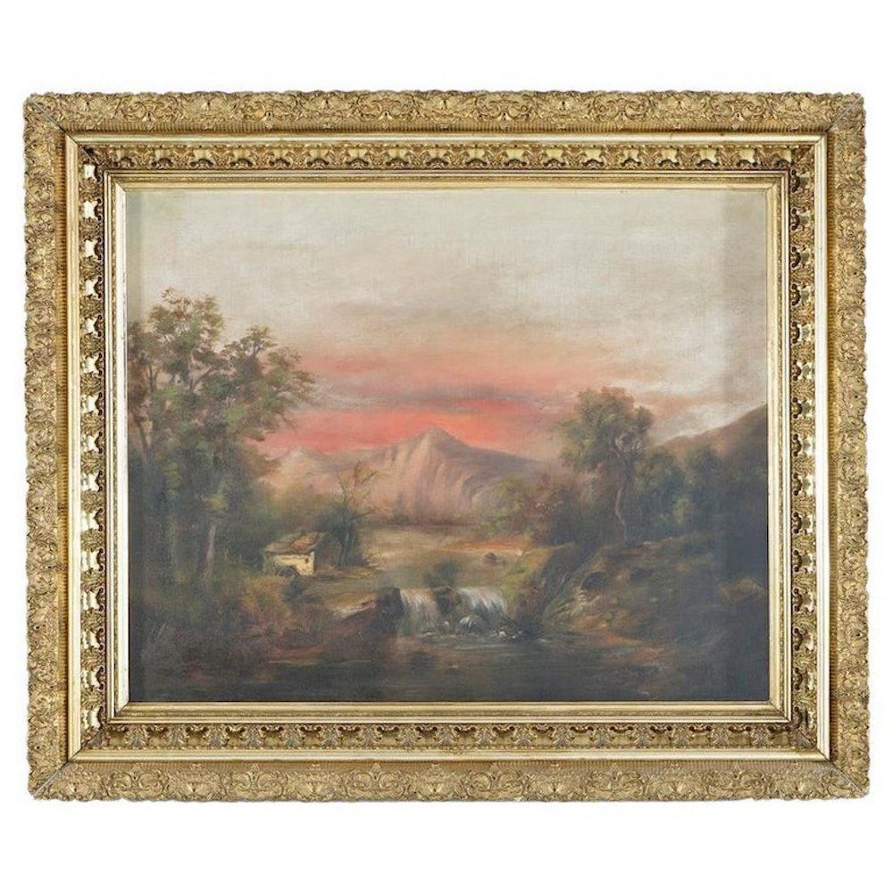 Antique Landscape Painting with Mountain River, Cabin, & Sunset, c1900 (1 of 18)