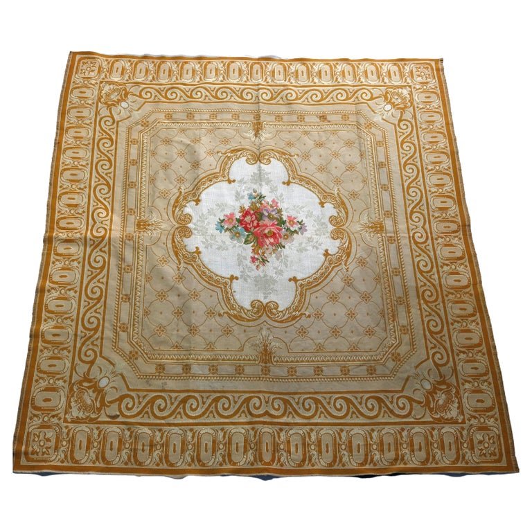 Antique French Silk Aubusson Rug, c1890: An antique French Aubusson rug offers silk construction with central floral medallion, lattice ground and border with wave, scroll and foliate elements, c1890. Measures - 81" x 75"*** OPTIONAL SHIPPIN