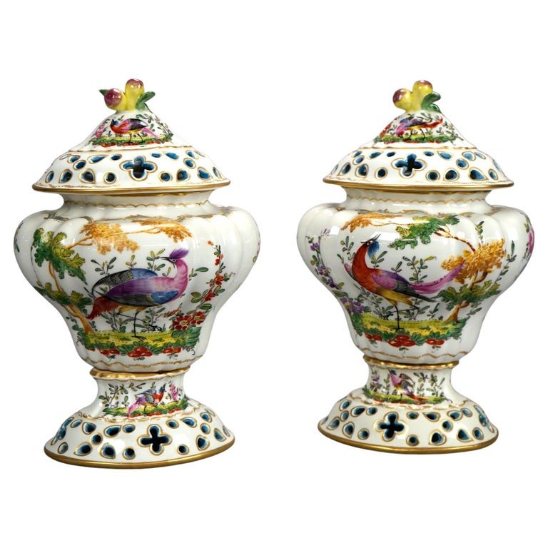 Antique Pair of English Chelsea Porcelain Covered Urns with Peafowl, c1860 (1 of 15)