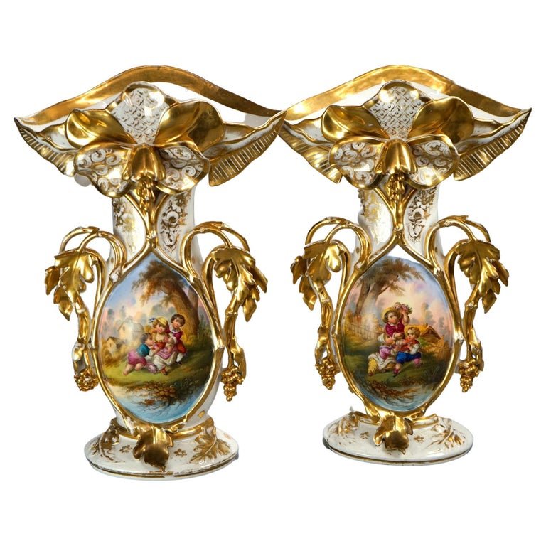 Antique Pair 21"h Old Paris Porcelain Oversized Hand Painted Scenic Vases, 19thC (1 of 16)