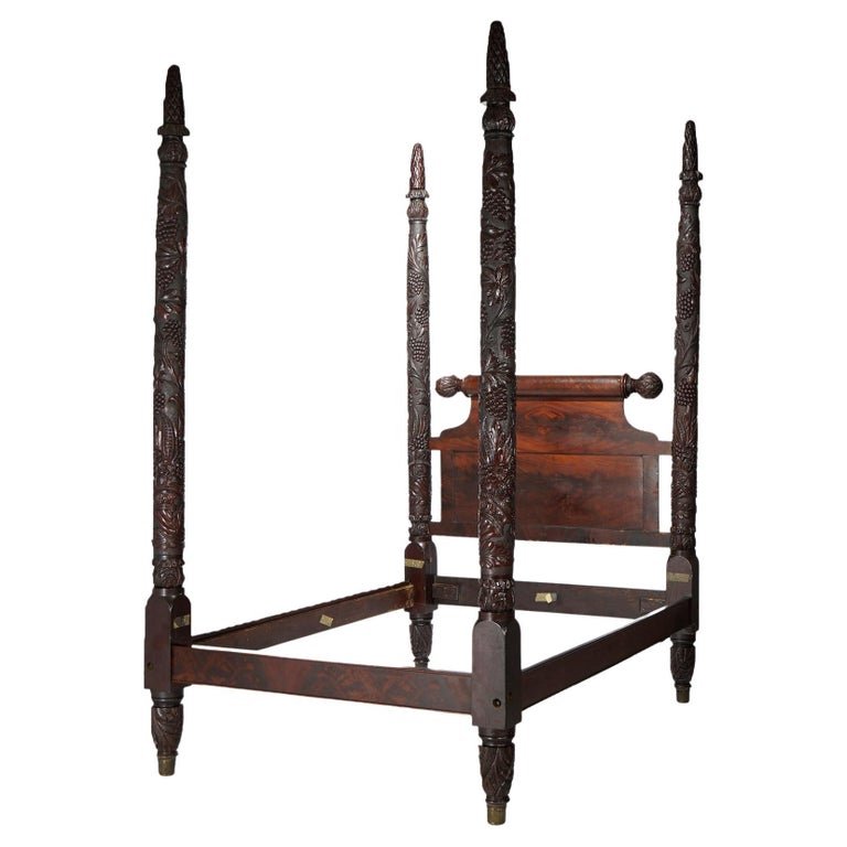 Antique Amer Empire Neoclassical Grape & Leaf Flame Mahogany Tester Bed c1840 (1 of 20)