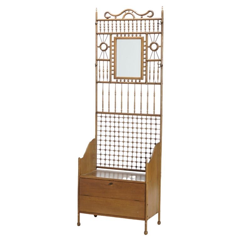 Antique RJ Horner School Oak Stick & Ball Mirrored Hall Seat, c1900 (1 of 17)