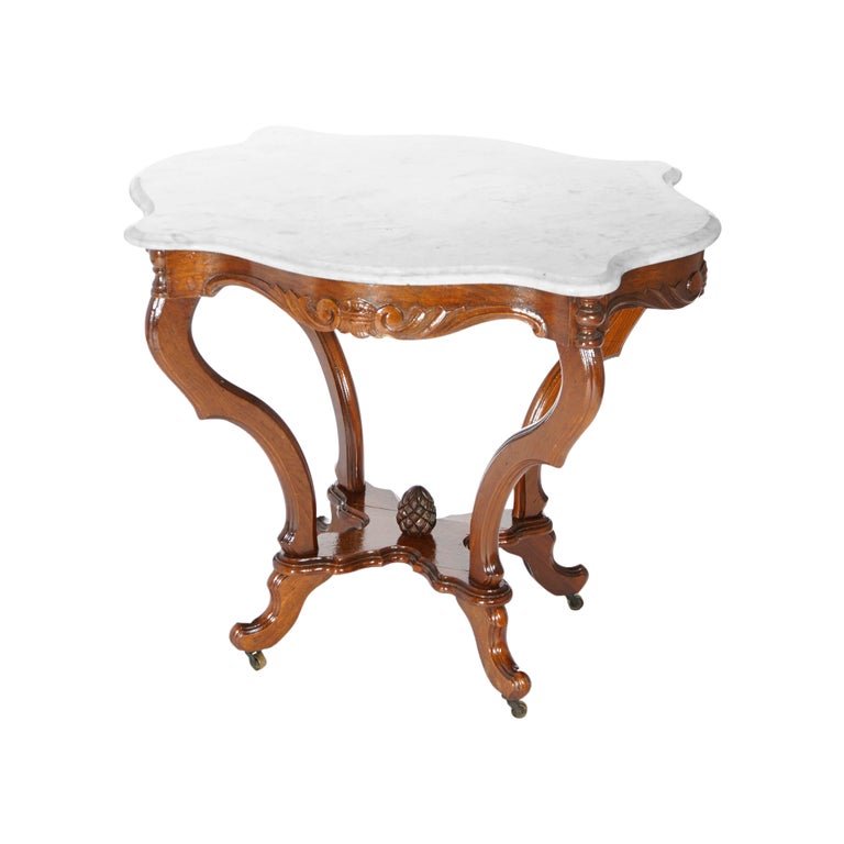 Antique Victorian Carved Walnut & Marble Turtle Top Parlor Table, c1890 (1 of 20)