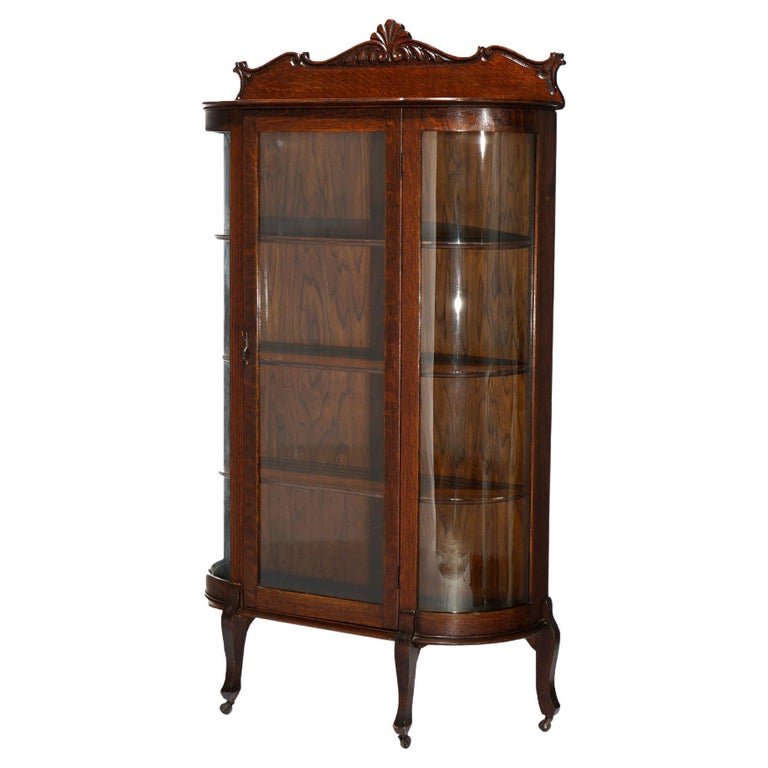 Antique Carved Oak Curved Glass China Cabinet, c1900 (1 of 20)