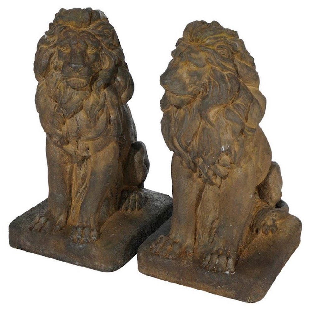Pair Cast Hard Stone Classical Seated Lion Statues in Bronzed Finish, 21st C (1 of 12)