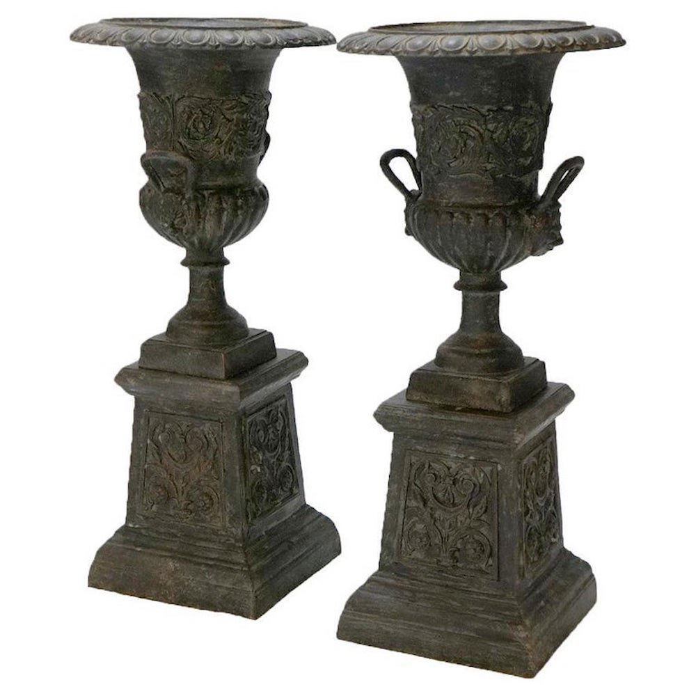 Pair Embossed Cast Iron Classical Double Handled Garden Urns on Plinths, 20th C (1 of 10)