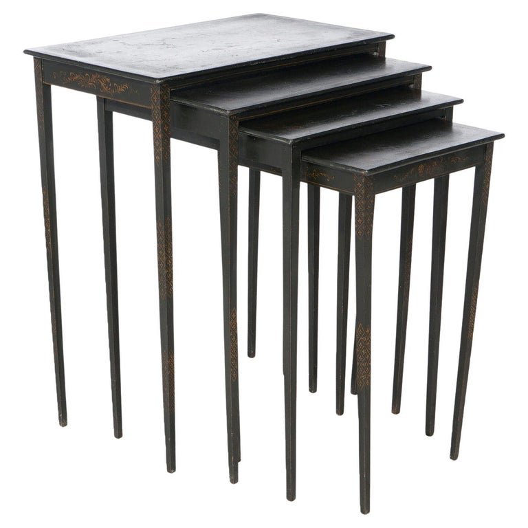 Set of Four Antique Ebonized & Chinoiserie Decorated Stacking Side Tables  c1920 (1 of 20)