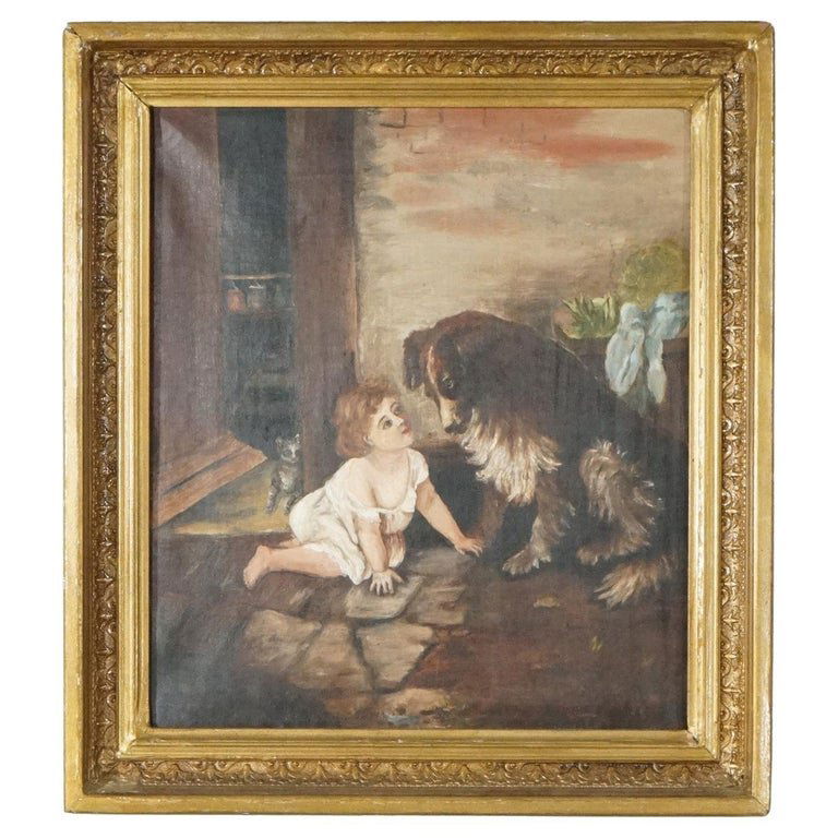 Antique Oil on Canvas Painting of a Child with Dog 19th C (1 of 8)