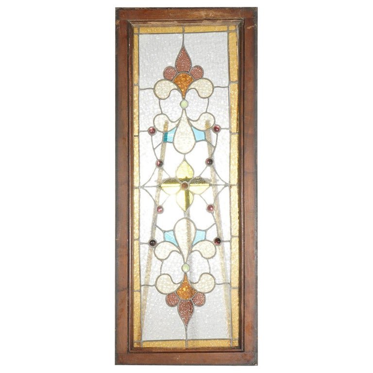 Antique Arts & Crafts Stained & Jeweled Leaded Glass Window   c1910 (1 of 14)