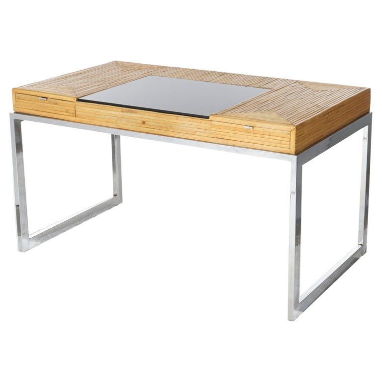 Mid Century Modern Bamboo Parquetry, Glass & Chrome Desk  20th C (1 of 16)