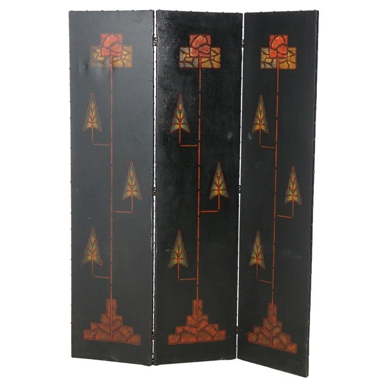 Arts & Crafts Hand Painted Leather Three Panel Mission Style Screen  c1910 (1 of 10)