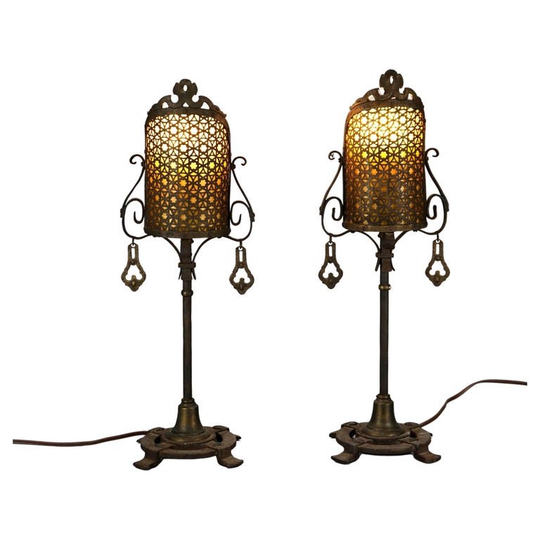 Antique Arts & Crafts Oscar Bach Style Bronzed & Reticulated Screen Lamps  c1920 (1 of 12)