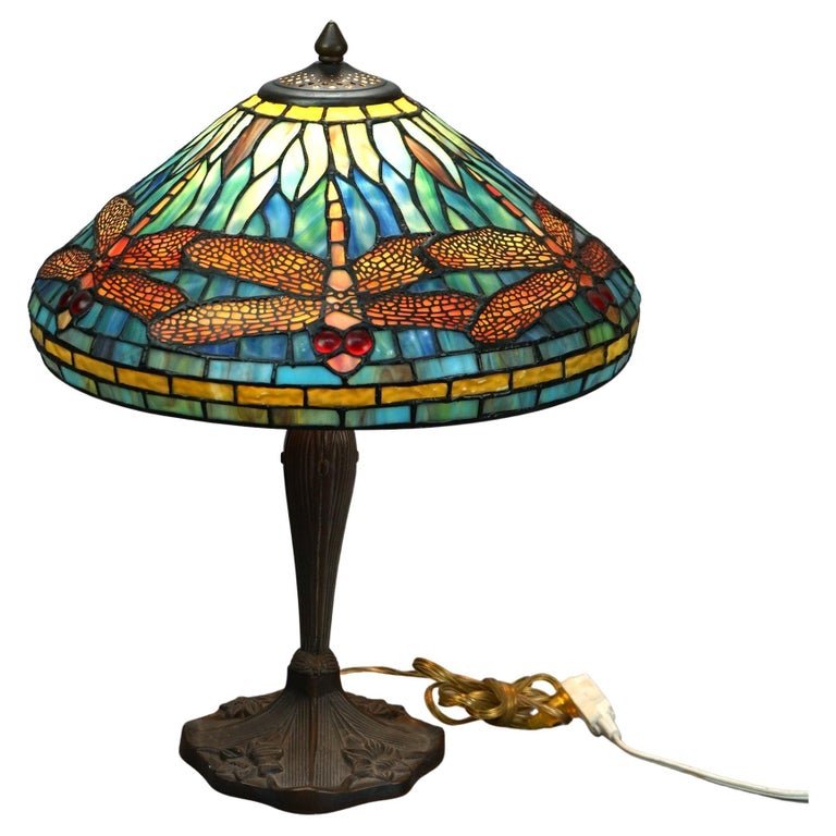 Dragonfly Leaded & Jeweled Glass Table Lamp 20th C (1 of 7)