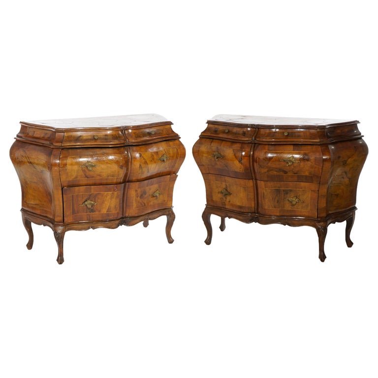 Pair Italian Mahogany Inlaid Olive Wood Bombe Commodes 20thC (1 of 20)