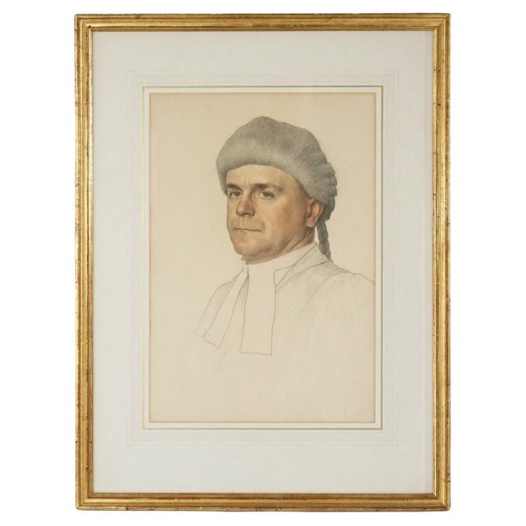 Antique English Watercolor Painting, "Portrait of an Advocate" by Strang 19th C: An antique watercolor painting offers watercolor on paper by William Strang, RA, "Portrait of an Advocate", en verso identifying label as photographed, seated in giltwood frame19th C. Measures- 28.5''