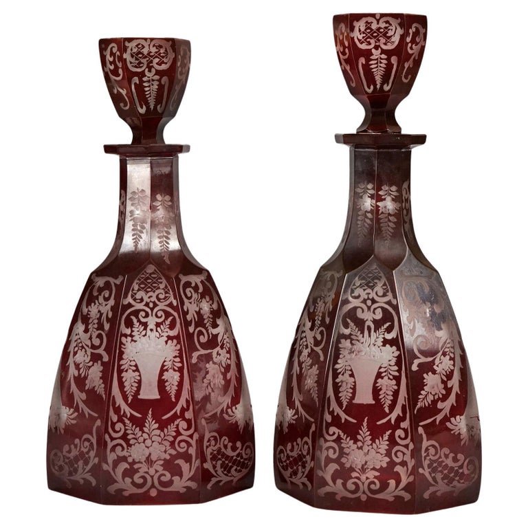 Antique Pair of Bohemian Cranberry Cut-to-Clear Decanters 19th C (1 of 14)