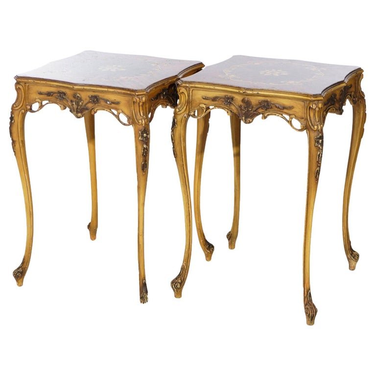 Antique Pair Carved French Style Polychrome Marquetry Inlaid Side Tables, C1920 (1 of 13)