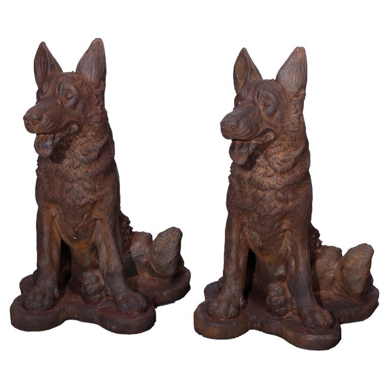 Cast Hard Stone Life Size German Shepard Pup Statues in Bronzed Finish, 20th C (1 of 12)