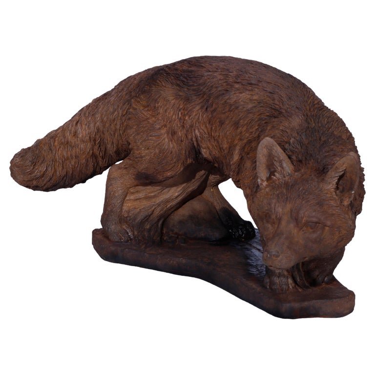 Cast Hard Stone Life Size Crouching Fox Garden Statue in Bronzed Finish, 20th C (1 of 8)