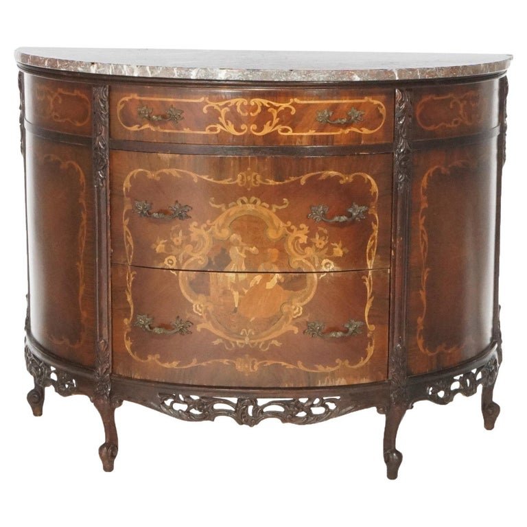 Antique Mahogany with Satinwood Marquetry Marble Top Commode, Circa 1920 (1 of 19)