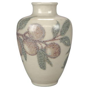 Antique Rookwood Art Pottery Cherry Blossom Vase by Jens Jensen, Dated 1947: An art pottery vase by Rookwood offers hand painted fruit decorated by Jen Jensen, signed and dated 1947 as photographed. Measures- 7''H x 4.25''W x 4.25''D. *** OPTIONAL SHIPPING & DELIVERY - While o