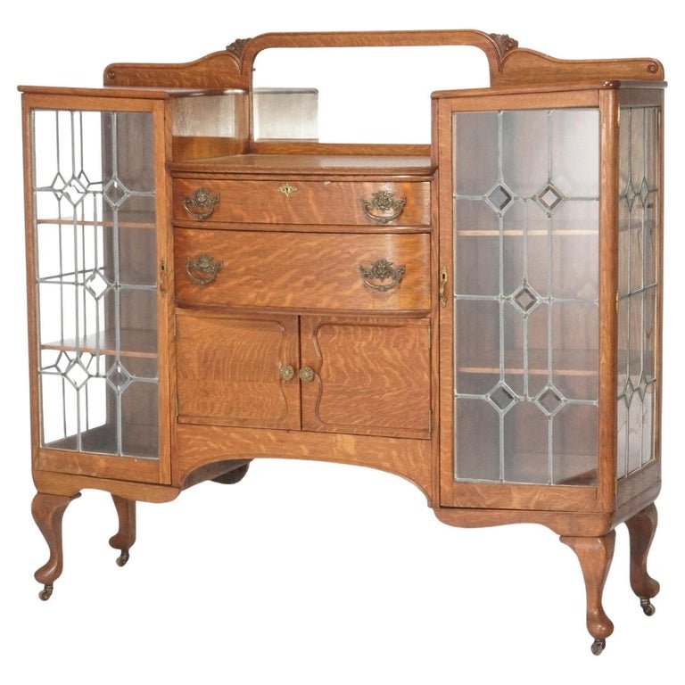 Antique RJ Horner School Oak China Buffet with Mirror & Leaded Glass Doors C1900 (1 of 16)