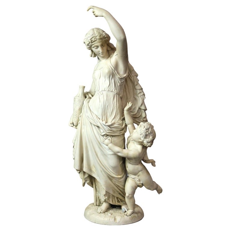 Antique Neoclassical Cast Metal Sculpture of a Woman & Cherub 19th Century: An antique neoclassical sculpture offers cast metal figure of a woman and cherub, 19th century. Measures - 23"h x 10.5"w x 6.5"d. *** OPTIONAL SHIPPING & DELIVERY - While onsite retrieval is always we