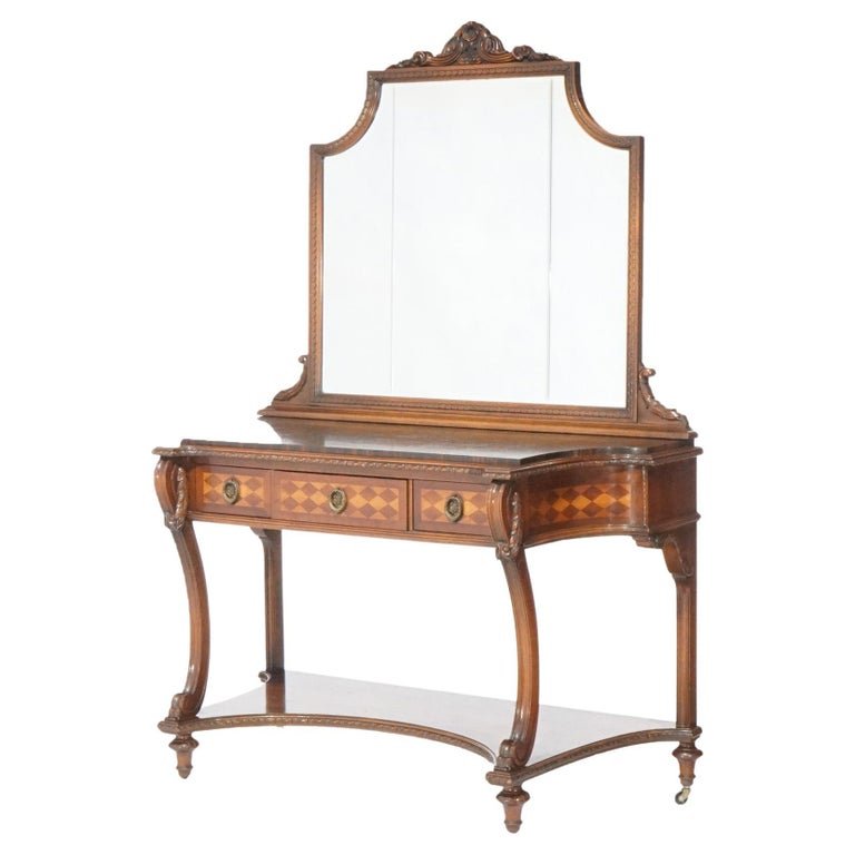 Antique Italian Style Circassian Walnut & Satinwood Marquetry Vanity, circa 1910: An antique Italian style vanity offers walnut Circassian walnut construction dressing mirror surmounting table shaped top over case with satinwood inlaid upper band in argyle pattern with drawers, rai