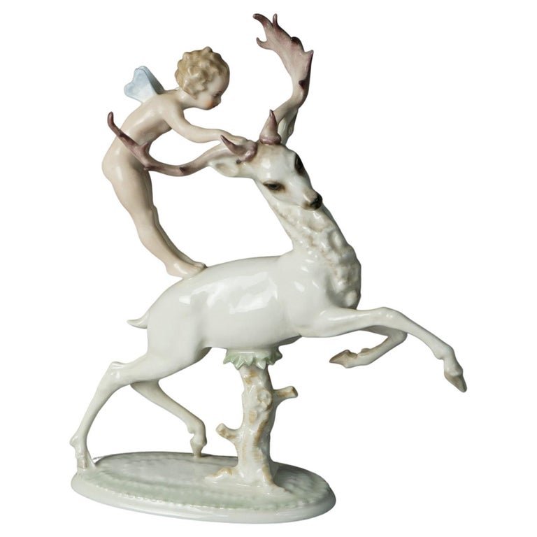 Antique Bavarian Hutschenreuther Porcelain Figure of Nymph & Elk, circa 1920: Antique Bavarian Hutschenreuther Porcelain Figure of Nymph & Elk, maker mark on base as photographed, circa 1920. Measures - 9.25"h x 8.25"w x 2.5"d. *** OPTIONAL SHIPPING & DELIVERY - While onsite re