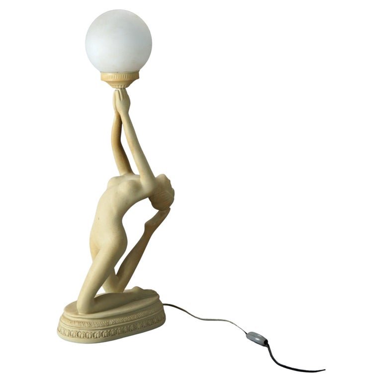 Antique Art Deco Frankart School Figural Nude Table Lamp 20th Century: An antique Art Deco sculptural table lamp in the manner of Frankart offers figural nude of a woman raising a globe, early 20th centuryMeasures - 29"h x 6"w x 11"d. *** OPTIONAL SHIPPING & DELIVERY - W