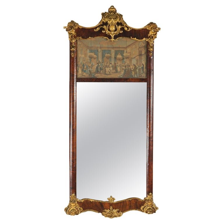 Antique 44" Classical Gilt & Rosewood Trumeau Wall Mirror with Ballroom Scene, c1890: An antique Classical trumeau mirror offers rosewood frame with giltwood foliate trimming, ballroom scene in upper panel and lower mirror, circa 1890. Measures - 44.75"h x 20.5"w x 2.5"d. *** OPTIONAL 