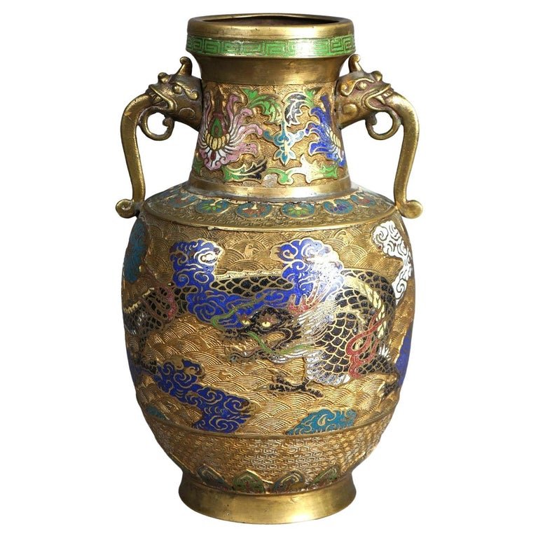 Antique Gilt Bronze & Enameled Cloisonne Figural Oriental Dragon Vase c1920 (1 of 13)