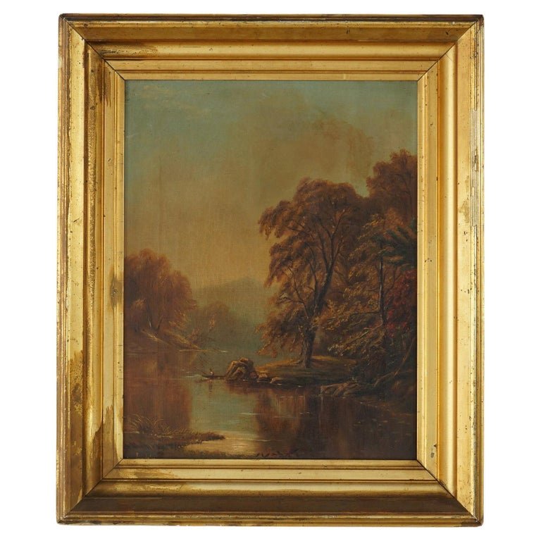 Antique Hudson River School Landscape Painting & Original Gilt Frame c1890 (1 of 20)