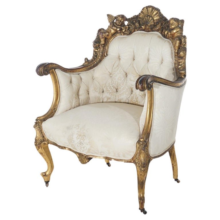 Antique Italian Figural Cherub Carved Giltwood Upholstered Chair 19th C (1 of 15)