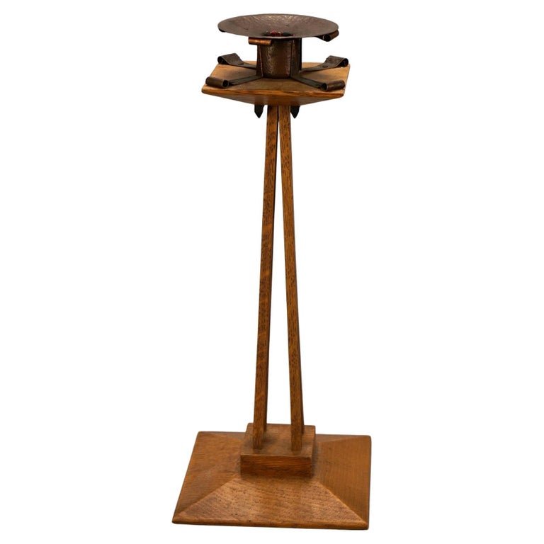 Antique Arts & Crafts Oak & Hammered Copper Candlestick by Dennis Bertucci 20thC (1 of 7)
