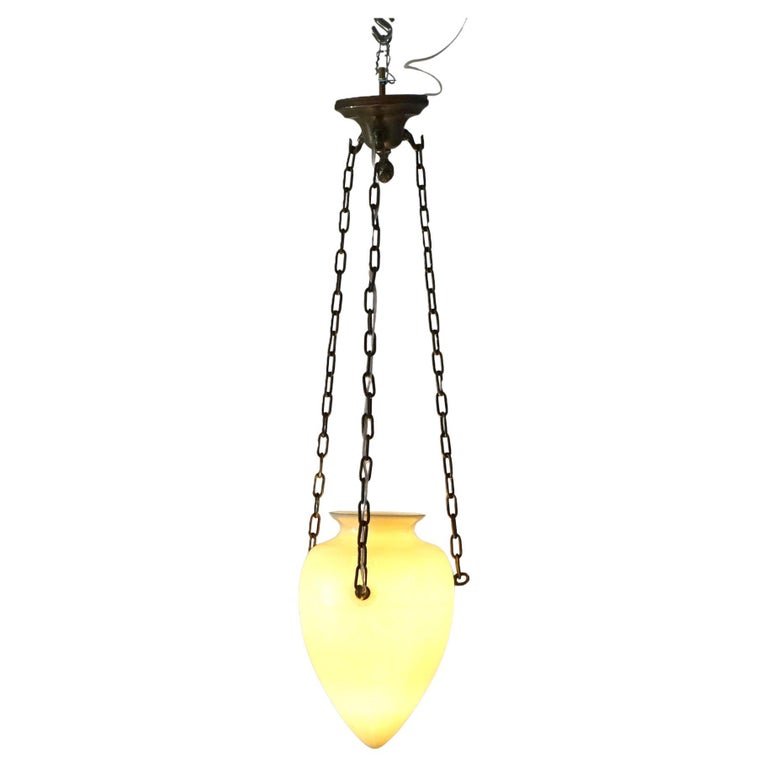 Antique Arts & Crafts Steuben Classical Calcite Art Glass Pendant Light C1920: An antique Steuben pendant light offers calcite art glass construction in tear drop form and having etched Classical design, suspended by three drop chains, c1920. Measures - 33.5"h x 8"diam. *** OPTI