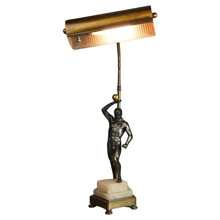 Antique Art Deco Bronze & Onyx Figural Desk Lamp Circa 1930: Antique Art Deco Bronze & Onyx Figural Desk Lamp Circa 1930. Measures- 25''H x 9''W x 12''D. *** OPTIONAL SHIPPING & DELIVERY - While onsite retrieval is always welcome at no charge, we offer IN-HOUSE