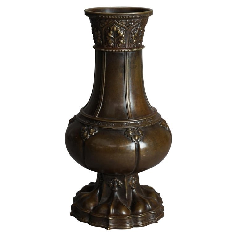 Antique Chinese Form Bronze Vase Signed Gorham Circa 1900: An antique Chinese form vase by Goham offers cast bronze construction with foliate elements, signed, c1900. Measures - 13.5"h x 6.75"diam. *** OPTIONAL SHIPPING & DELIVERY - While onsite retrieval is
