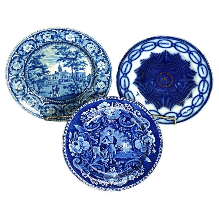 Three Antique Historical Flow Blue Pottery Plates, Clews & Ridgway, 19th C: Three Antique Historical Flow Blue Pottery Plates, Clews & Ridgway, 19th C. Measure - 10"diam. *** OPTIONAL SHIPPING & DELIVERY - While onsite retrieval is always welcome at no charge, we offer IN-HOU