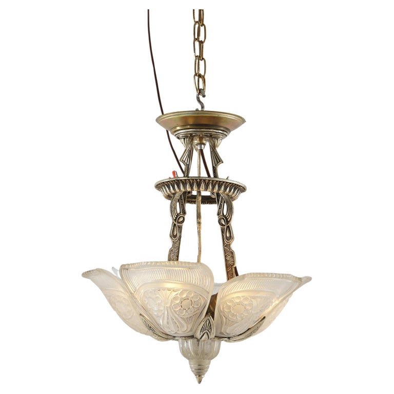 Antique Art Deco Slip Shade Hanging Light with Opalescent Pressed Glass Shades: An Antique Art Deco Slip Shade Hanging Light with Opalescent Floral Pressed Glass, C1920. Measures - 17"h x 14.5"diam. *** OPTIONAL SHIPPING & DELIVERY - While onsite retrieval is always welcome at no