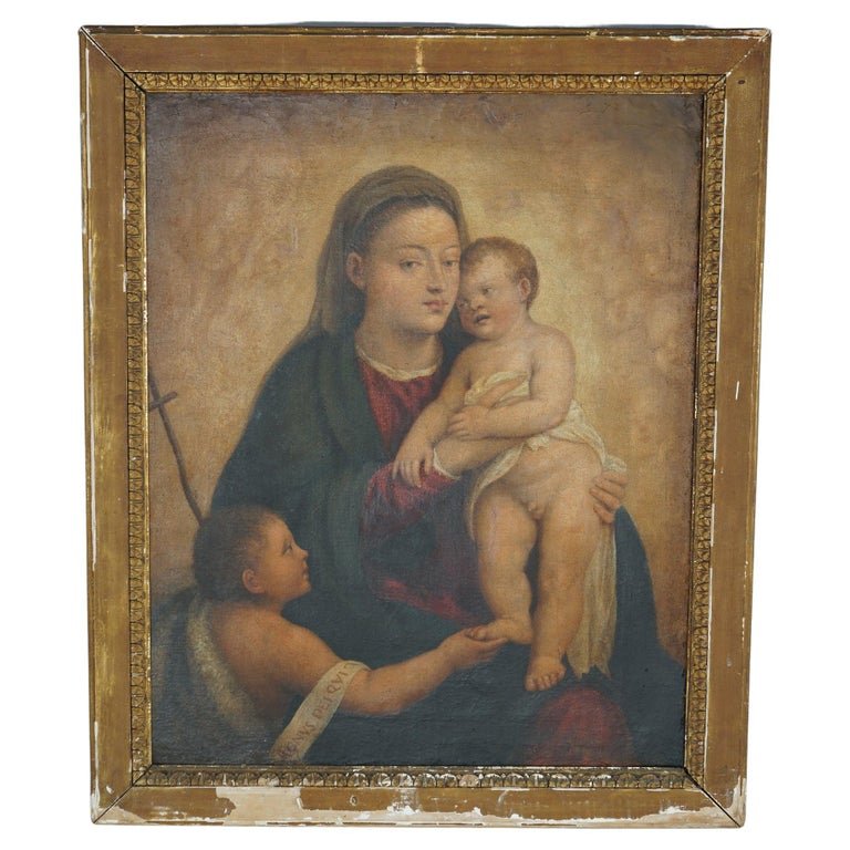 Early Old Master Copy, Oil On Canvas Madonna & Child, Original Frame, C1750: An early antique Old Master Copy offers oil on canvas portrait of The Madonna and Christ Child with young John the Baptist and allegorical faces of angels or saints in the background, seated in origin