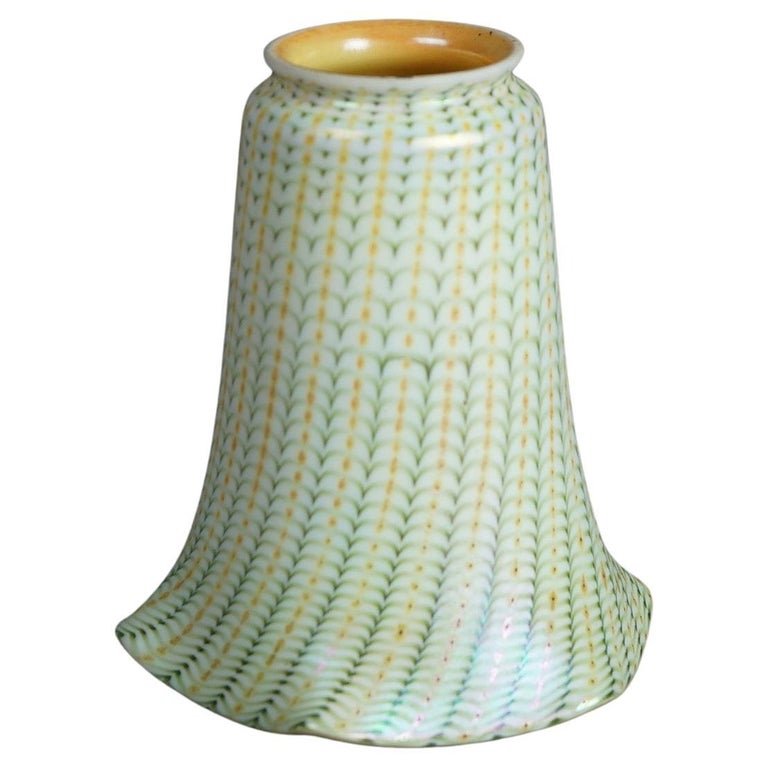 Antique Arts & Crafts Steuben School Floral Decorated Aurene Art Glass Shade C1920’s: An antique Arts and Crafts Fostoria Iris Decorated Aurene Art Glass Lamp Shade in the Manner of Steuben, C1920. Measures - 5.5"h x 4.75"diam. *** OPTIONAL SHIPPING & DELIVERY - While onsite retrieval